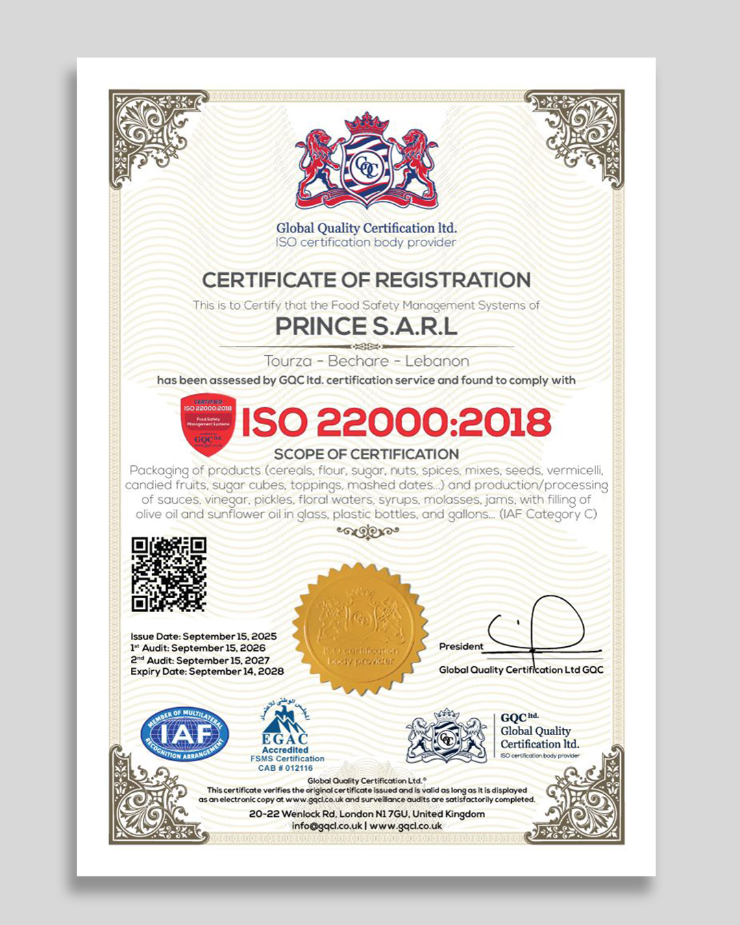 Al Jouda Prince ISO 22000:2018 – Food Safety Management System